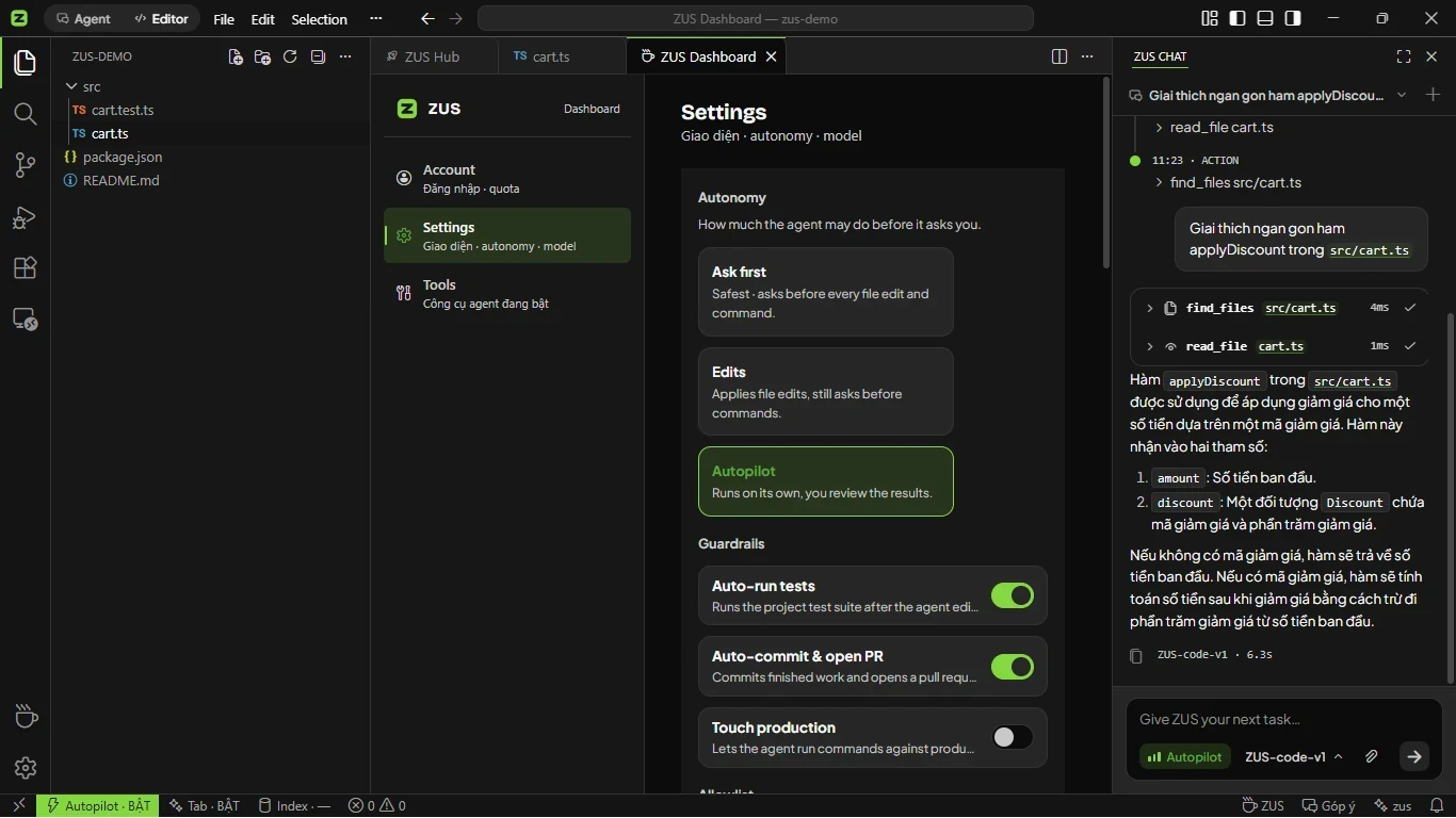 The ZUS Settings page: three autonomy levels and the agent guardrail switches