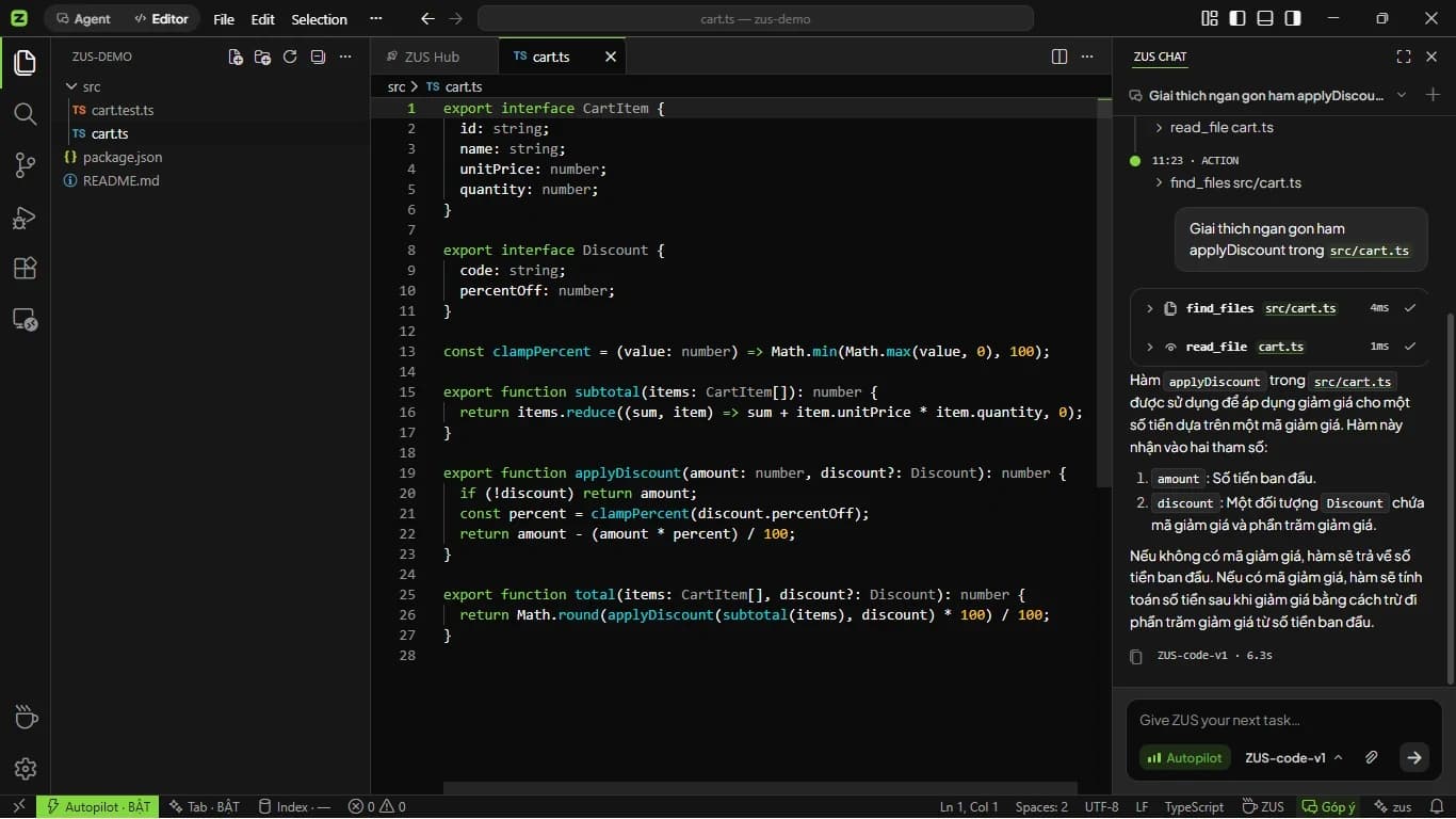 The real ZUS screen: the agent reads a project file, then answers in Vietnamese right beside the editor