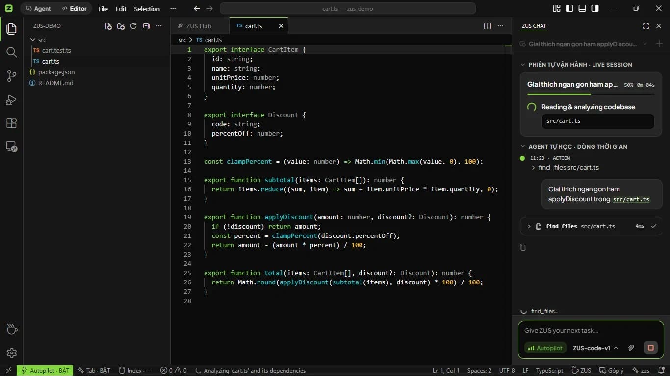 A ZUS self-running session: a progress bar and a timeline of each step the agent has run