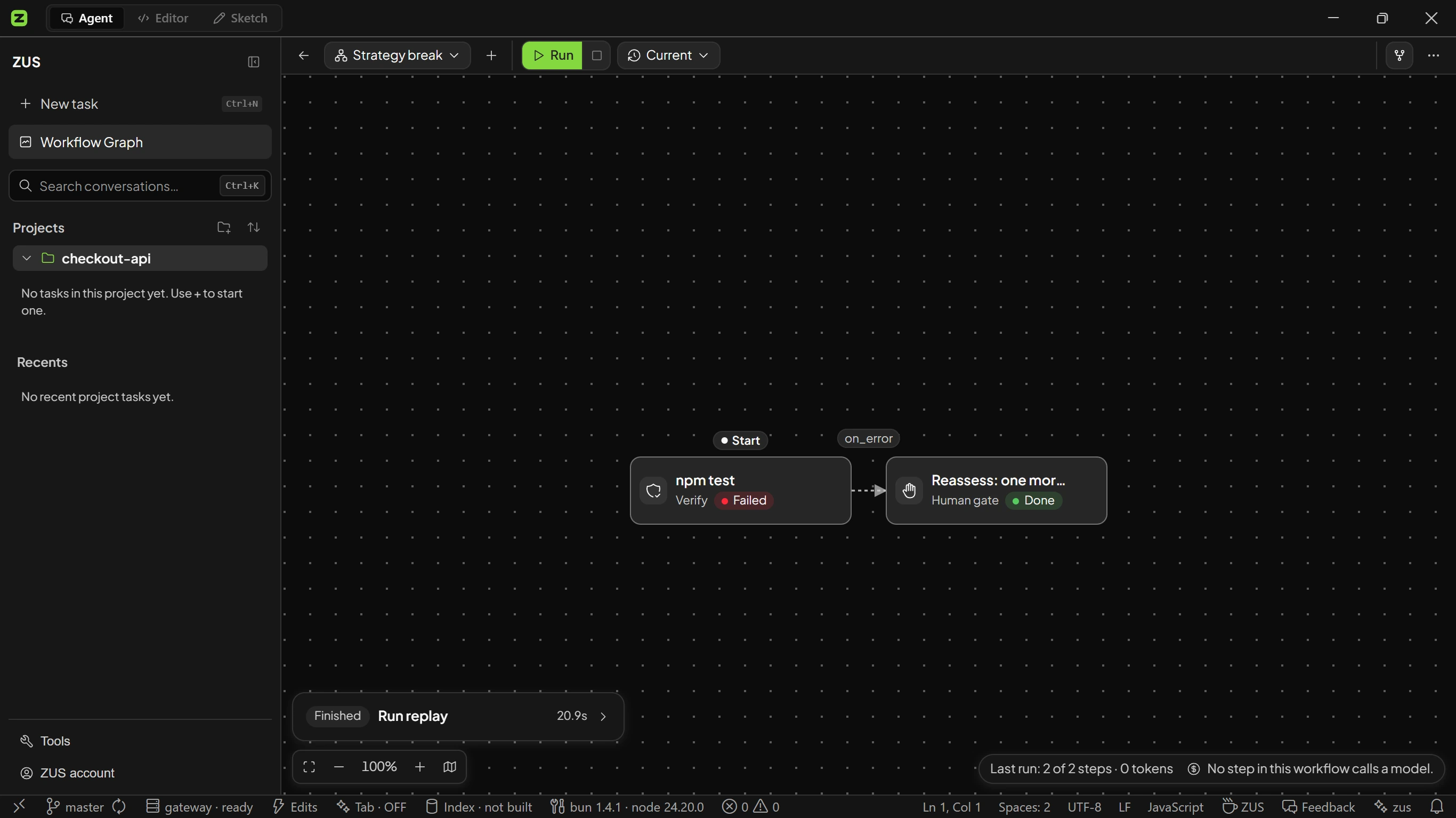 The ZUS workflow canvas after a run settles: the run replay card lists what you asked, what changed, why, the decisions taken, what was verified and what is still unknown