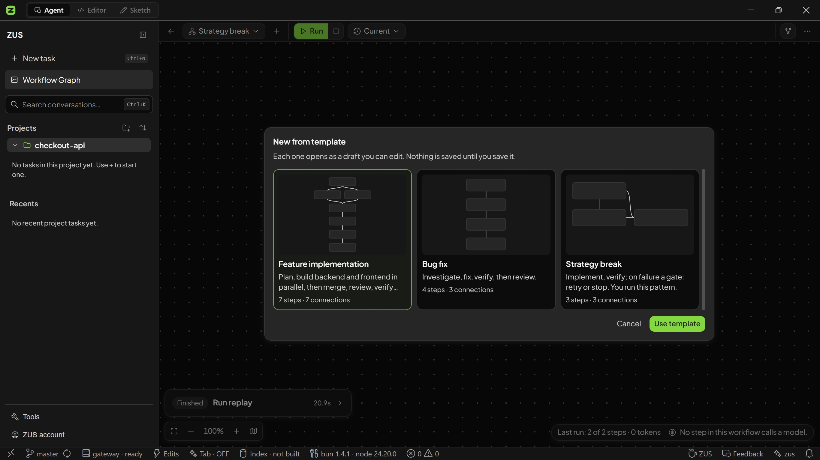 The template picker offering feature implementation, bug fix and strategy break workflows